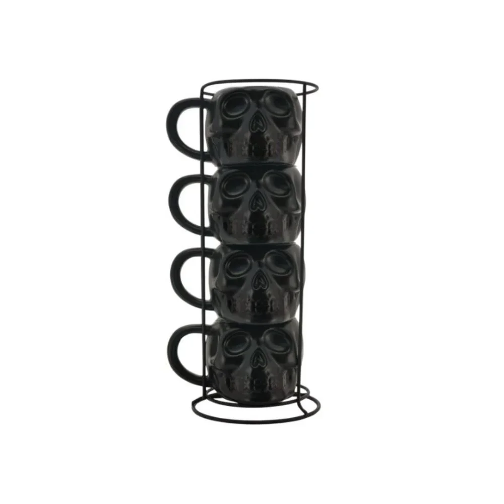NEW Skull Mug Set of 4 Stackable Mugs Dia De Los Muertos Skulls Halloween Stonew